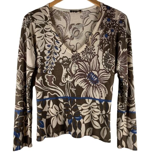 Loro Piana Sweaters - LORO PIANA Brown Floral 100% Cashmere Long Sleeve V-Neck Sweater Size 42